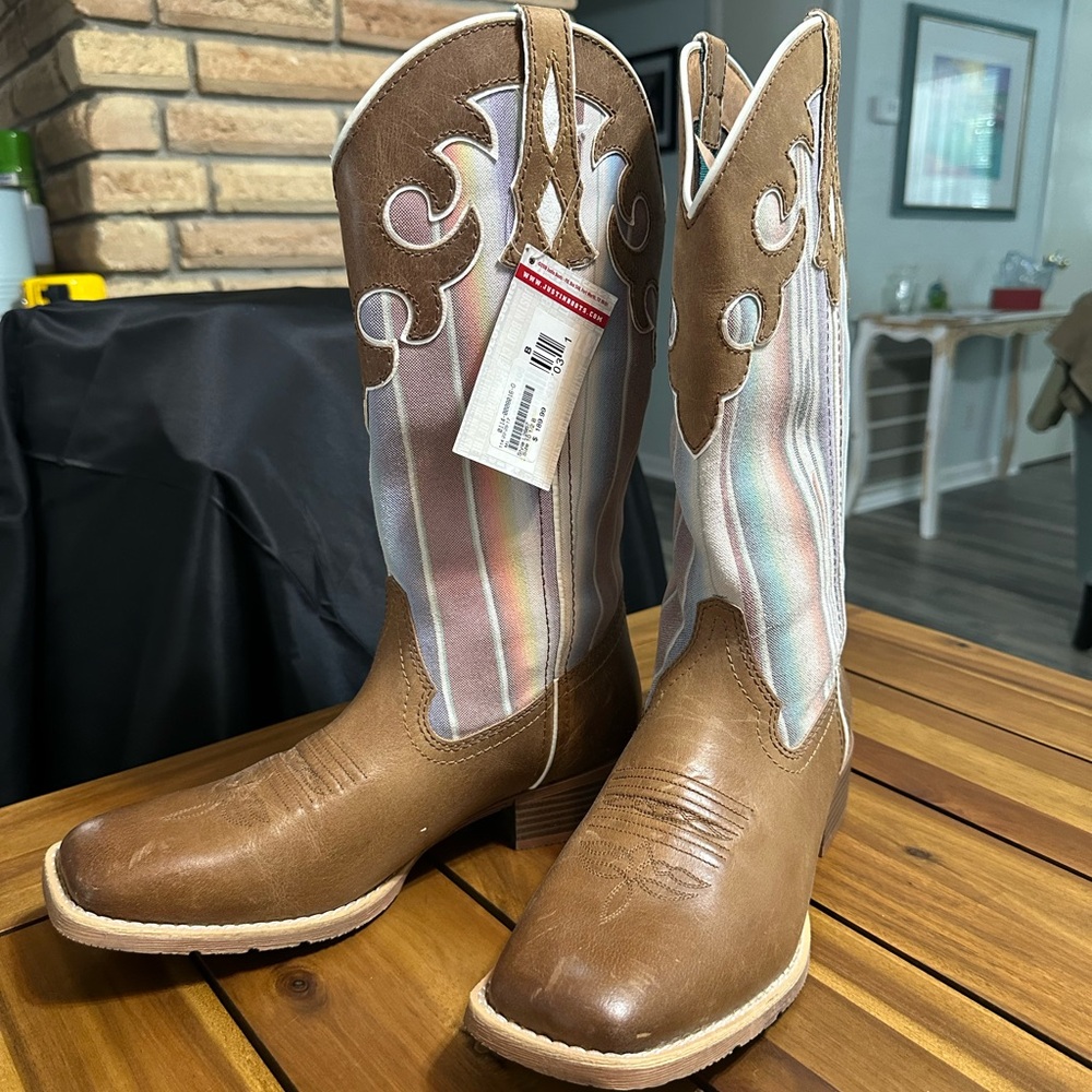 Justin Boots Lattie Brown and Cream Women's Square Toe Western Boots Size 10.5